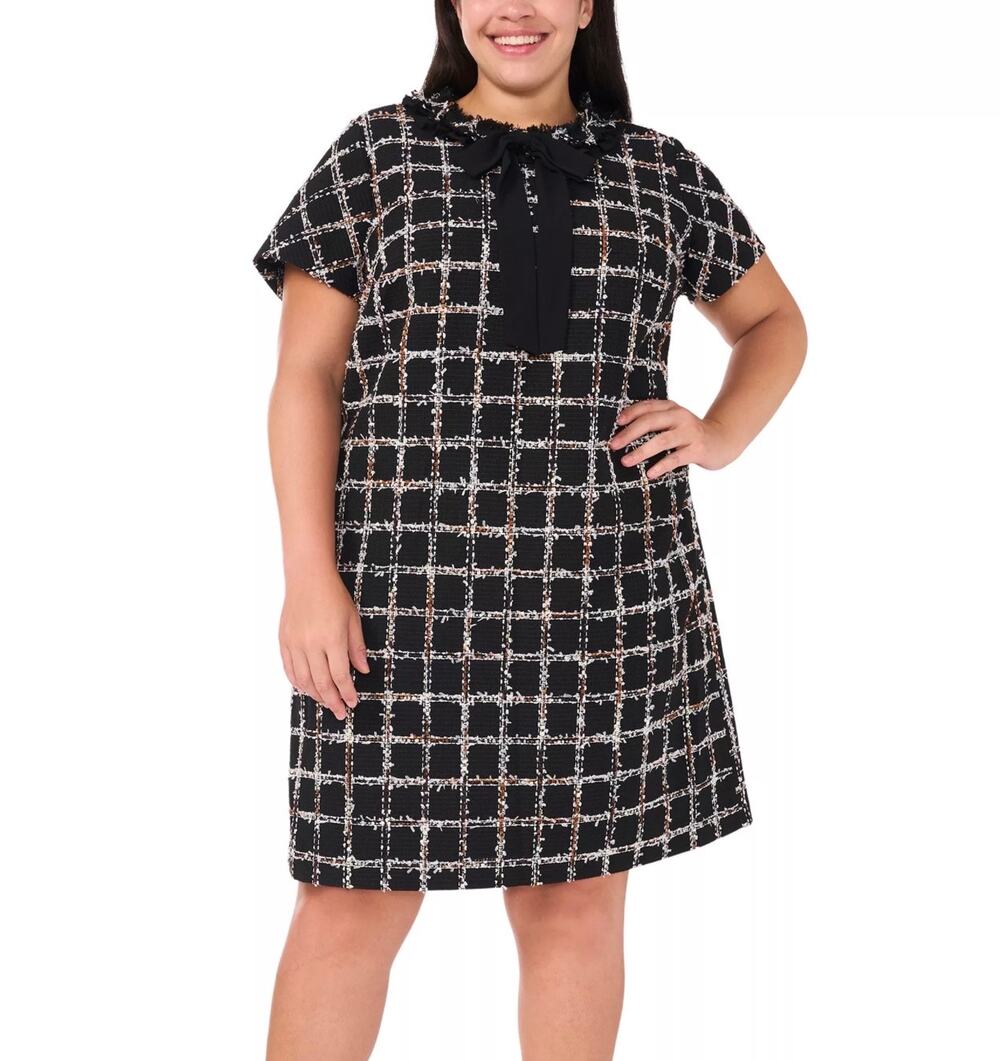 Cece Tweed Black Bow Tie Neck Shift Dress Size 24W